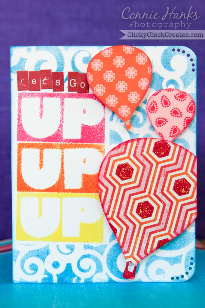 Connie Hanks Photography // ClickyChickCreates.com // Up, up, up hot air balloon card for Curtain Call challenge