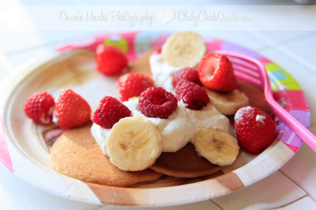 Connie Hanks Photography // ClickyChickCreates.com // breakfast bar pancakes with strawberries, bananas, raspberries and homemade whipped cream