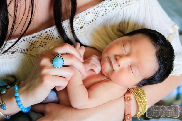 Connie Hanks Photography // ClickyChickCreates.com // newborn session, swaddle, love, young family, bohemian, boho chic, sleeping baby, turquoise, big ring