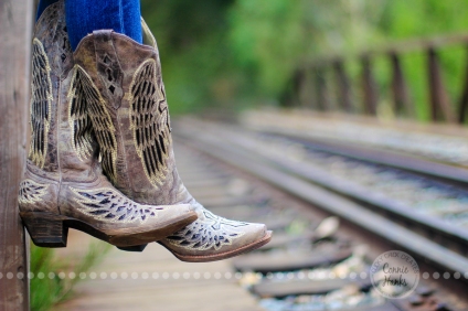Connie Hanks Photography // ClickyChickCreates.com // rustic, train, tracks, cowboy, cowgirl, boots, perspective