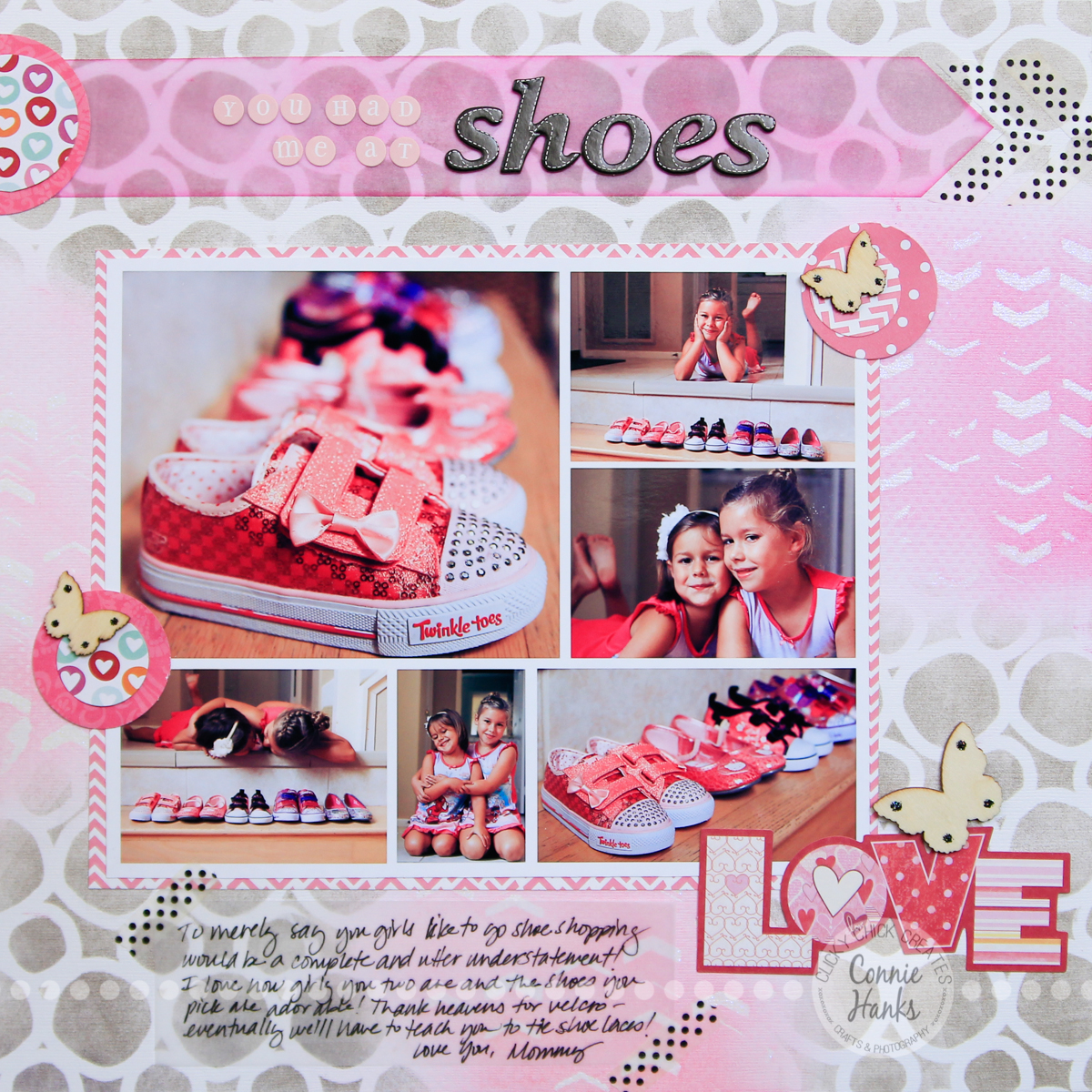 Connie Hanks Photography // ClickyChickCreates.com // You Had Me at Shoes scrapbook layout using templates, stencils, Tim Holtz Distress inks, vellum, wood veneers