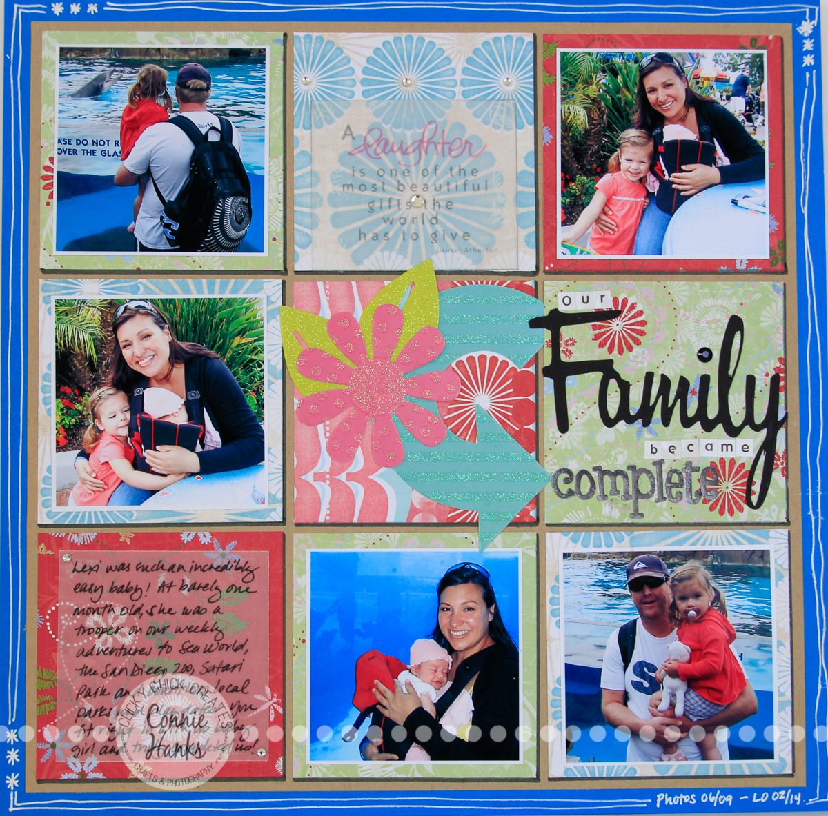 Connie Hanks Photography // ClickyChickCreates.com // Our Family Became Complete - scrapbook page in grid format using old product - looks fresh