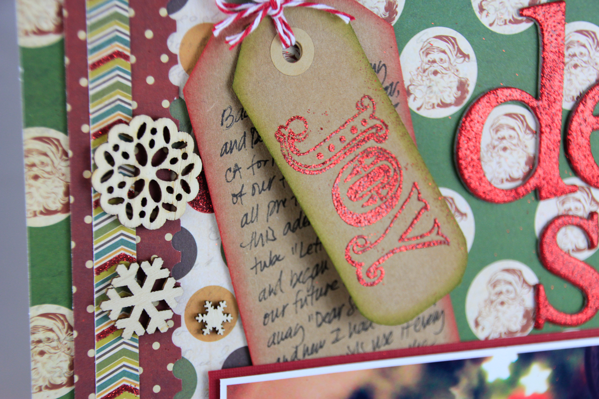 Connie Hanks Photography // ClickyChickCreates.com // Dear Santa layout using My Mind's Eye Vintage Christmas papers, tags, embossing, kraft tags, twine, wood veneer snowflake embellishments