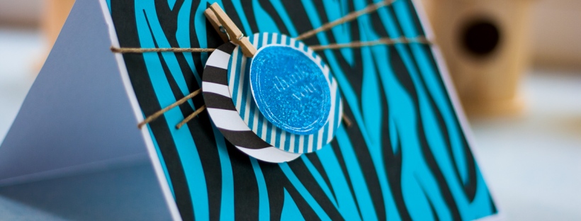 ClickyChickCreates.com // Thank You card using zebra print, jute, clothespins and punches