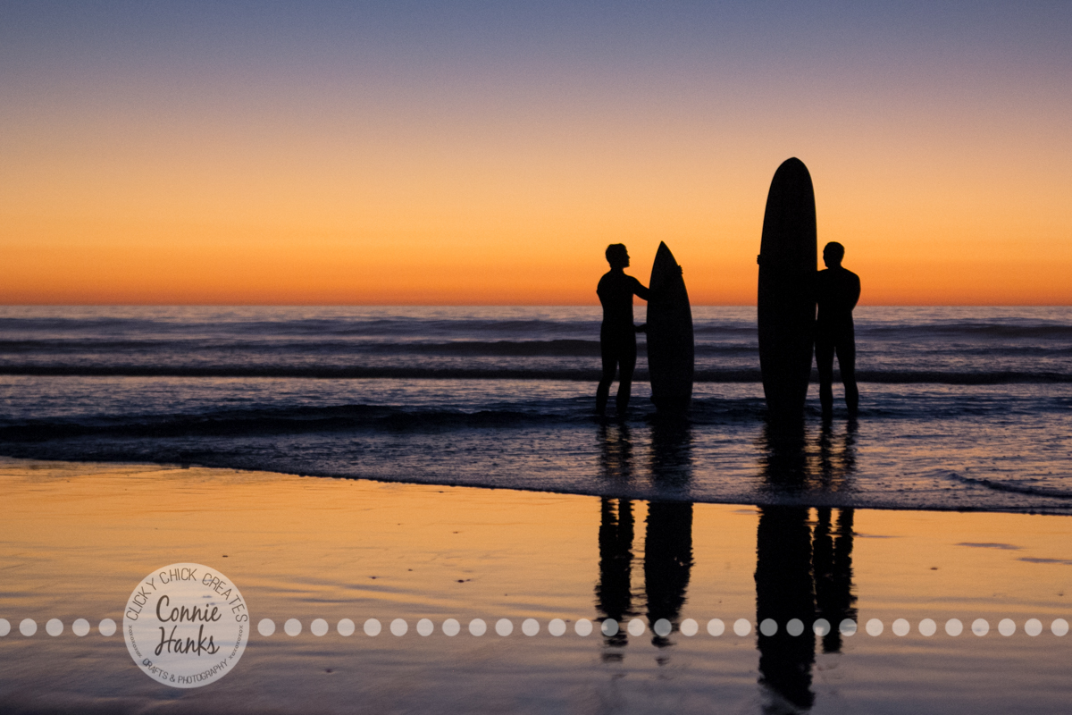 Connie Hanks Photography // ClickyChickCreates.com // Beach Silhouette, surfers, surfboard, reflection, low tide, beach, sunset