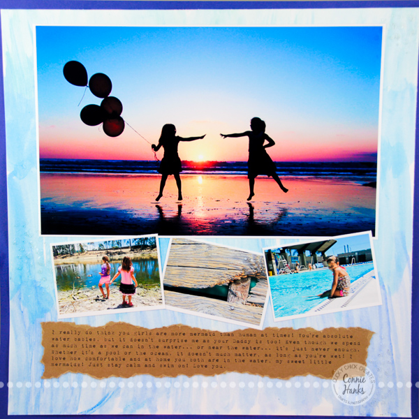 Connie Hanks Photography // ClickyChickCreates.com //Summer Splashin' scrapbook layout, gelatos, glass beads, beach, pool, pond, sunset, silhouettes, friends, family, cousins, sand dollar hunting, laying out
