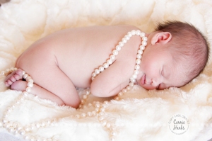 Connie Hanks Photography // ClickyChickCreates.com // baby girl, newborn photo session - sleeping baby, pearls, roses, head wreath, basket