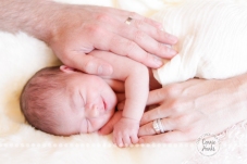 Connie Hanks Photography // ClickyChickCreates.com // baby girl, newborn photo session - sleeping baby, pearls, roses, head wreath, basket