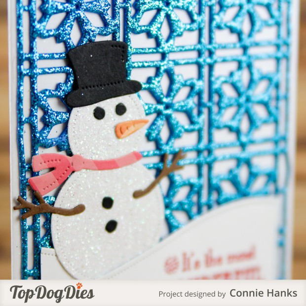 Connie Hanks Photography // ClickyChickCreates.com // stitched Snowman card on snowflake background using Top Dog Dies,
