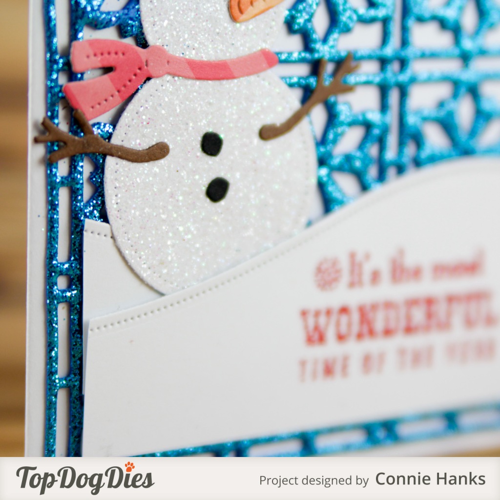 Connie Hanks Photography // ClickyChickCreates.com // stitched Snowman card on snowflake background using Top Dog Dies,