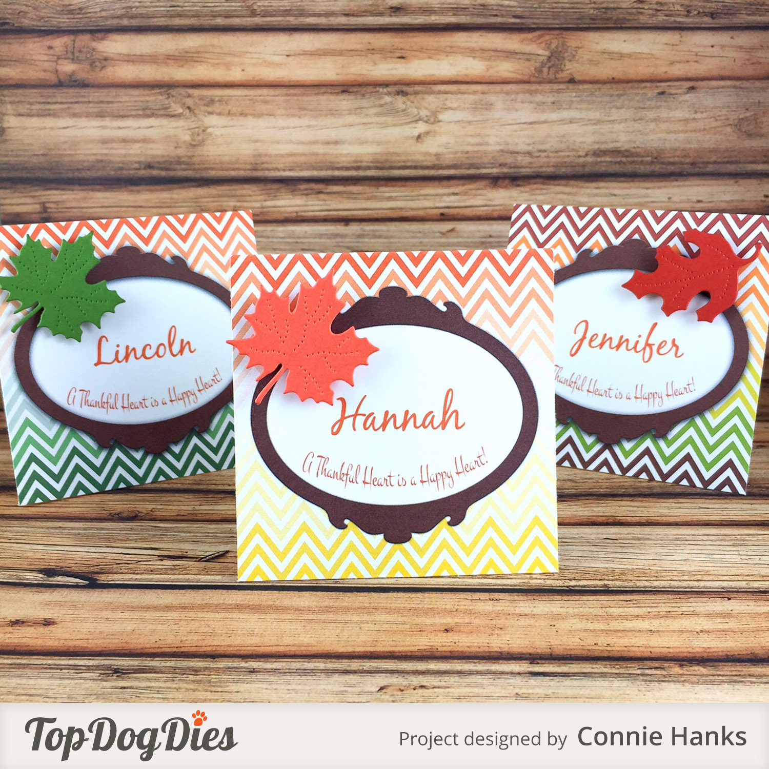 Connie Hanks // Clicky Chick Creates // Thanksgiving Table Tents, Thanksgiving place cards, paper crafting, die cutting, die cuts, leaf, leaves, fall, Top Dog Dies,